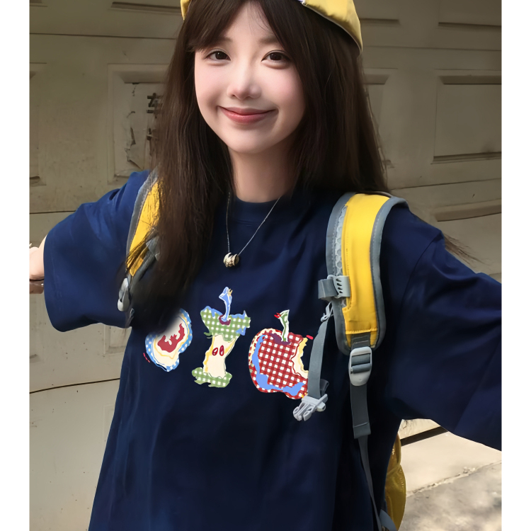 American-Style Navy Blue Round-Neck Short-Sleeved T-Shirt for Girls, Summer Junior High and High School Students' Loose Half-Sleeved Top