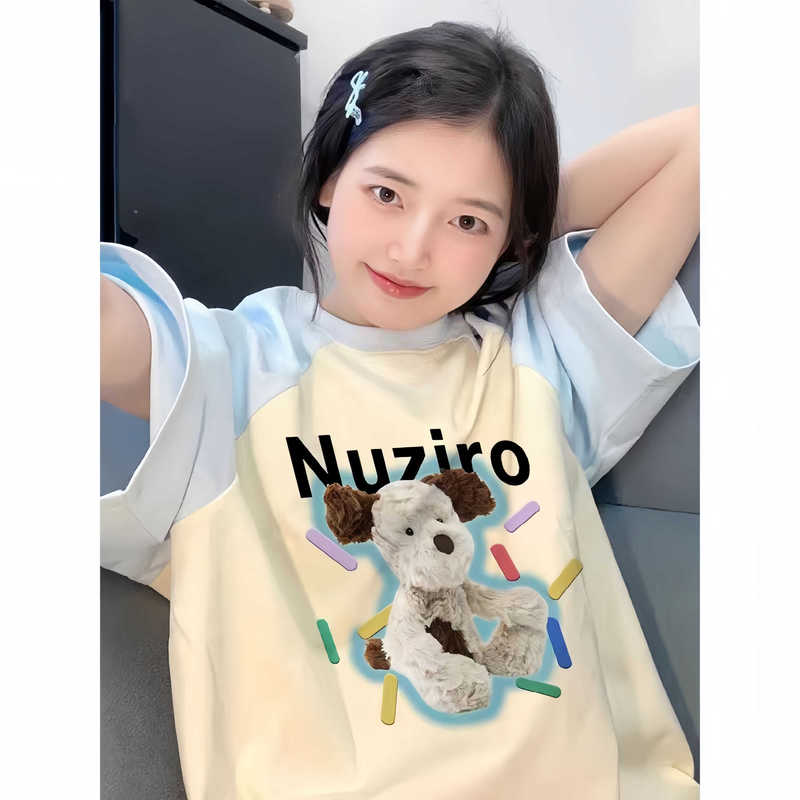 Light Blue Short-Sleeved T-Shirt for Girls, Summer, Junior High and High School Students, French Style Loose Pure Cotton Top