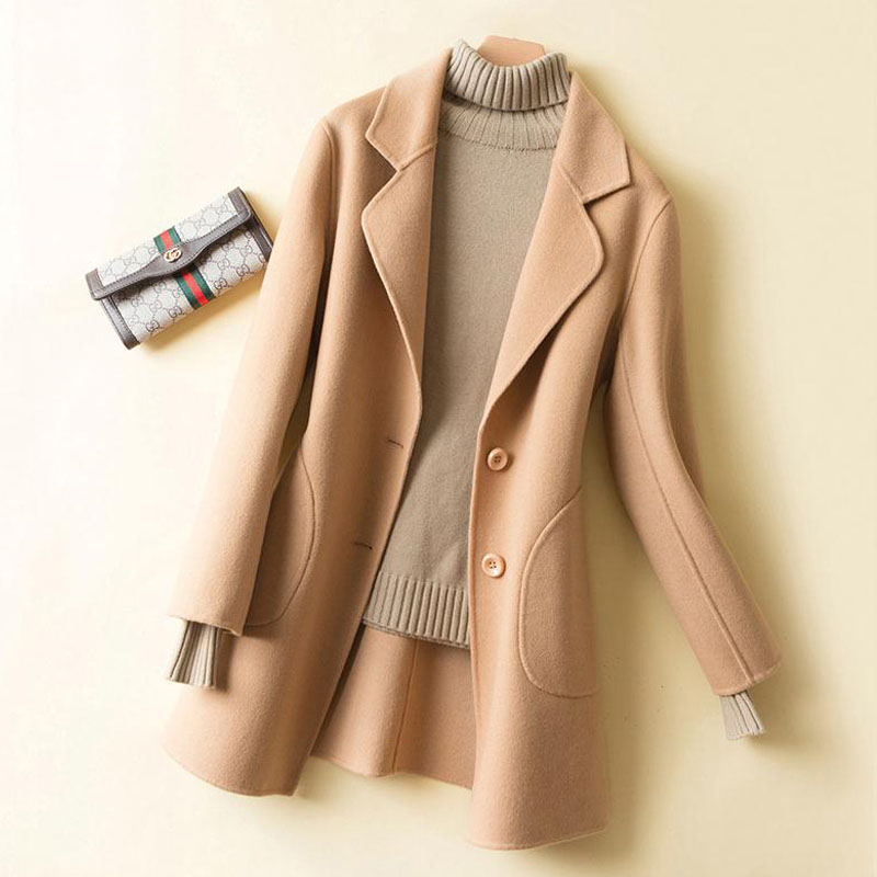 JOLIMENT High-end camel-sided cashmere jacket female winter small subconspicuer slim medium long version of wool