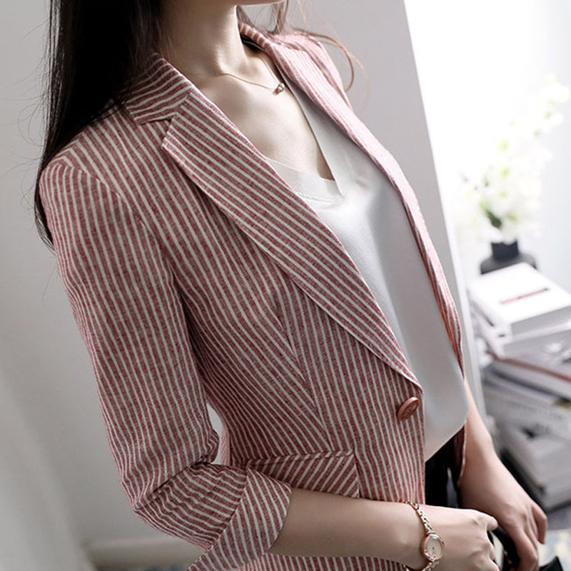 JOLIMENT cotton linen pink blazer women 2020 Spring New slim linen striped thin small suit autumn