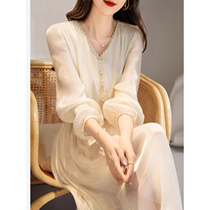 Day series Advanced senses V neckline dress woman 2024 Spring and autumn in long style Temperament Systine Reworked Long Sleeve Skirt