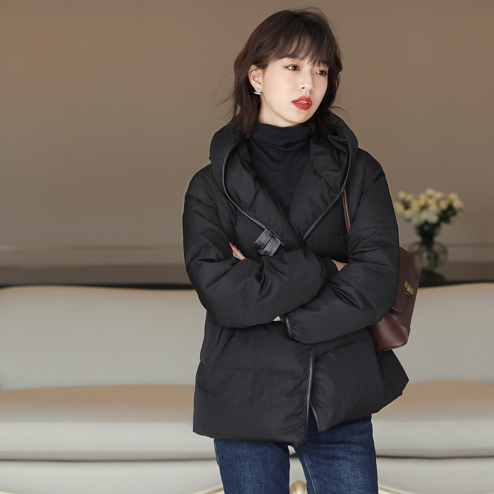 JOLIMENT Even cap with belt white goose down jacket woman 2021 autumn winter new pure color water corrugated down jacket