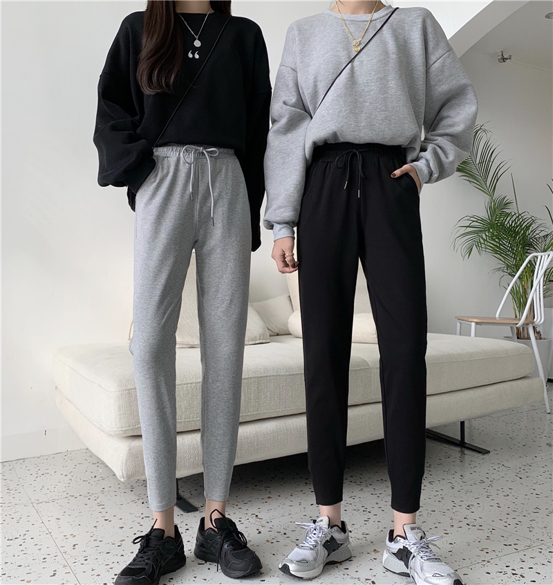 Real shot Plush sports pants women's loose solid color corset pants winter high waist thickened ins fashionable wide leg casual pants