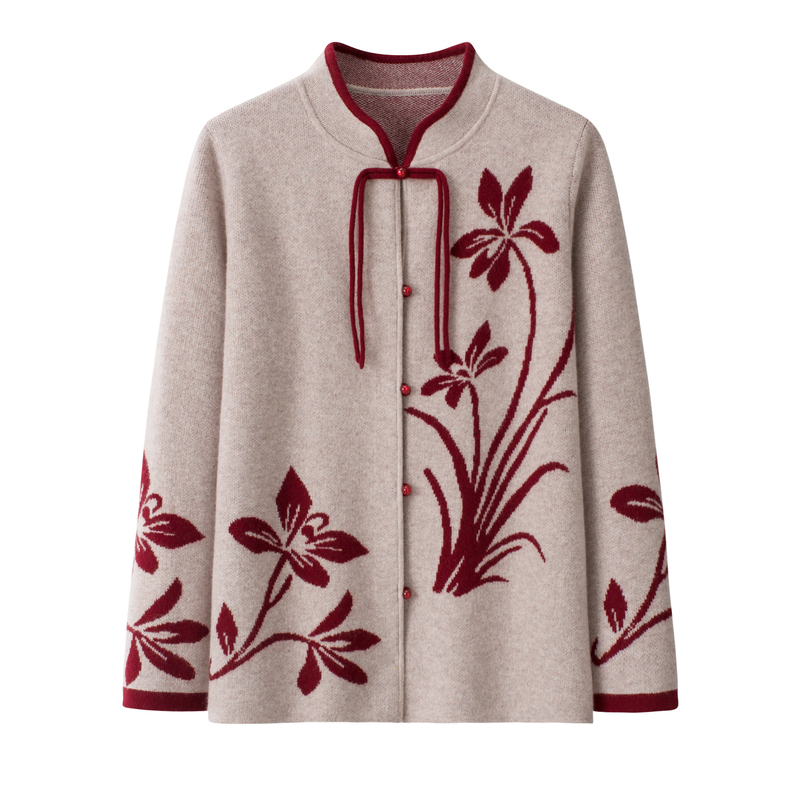 Middle-Aged and Elderly Women's Wool Sweater, 100% Pure Wool, Stand-Up Collar, Thick Jacquard, Elderly Sweater Cardigan, Grandma's Coat