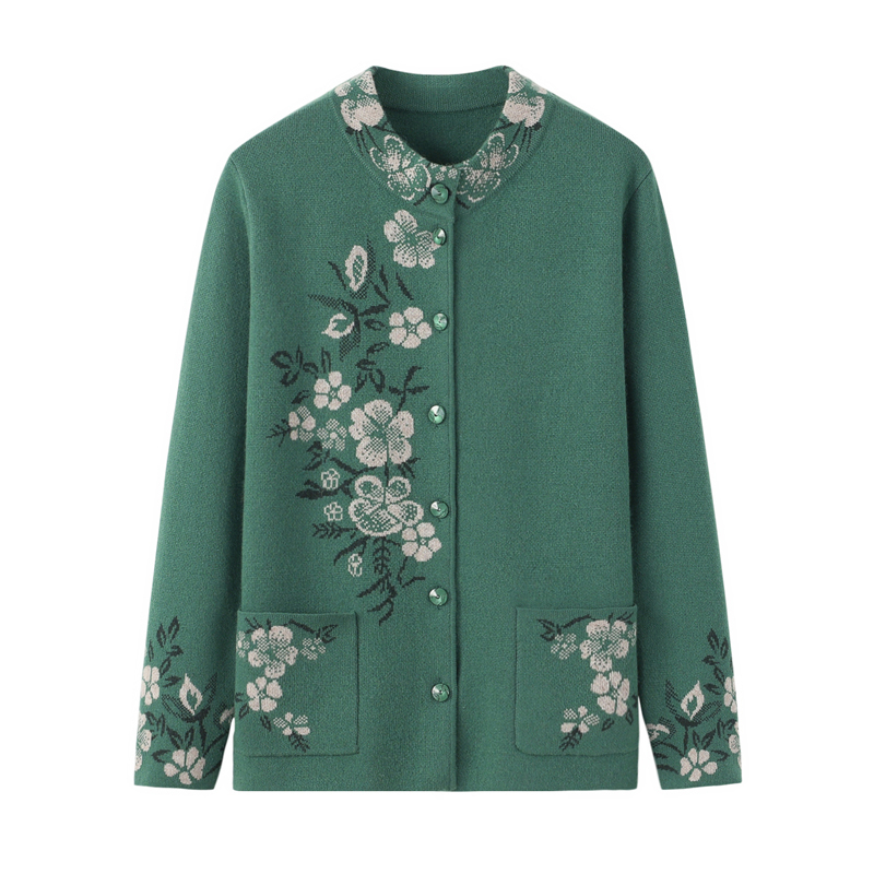 Middle-Aged and Elderly Women's Pure Wool Cardigan, Jacquard Thickened Round Neck Sweater for Elderly Women, Grandma's Coat, Knitted Sweater