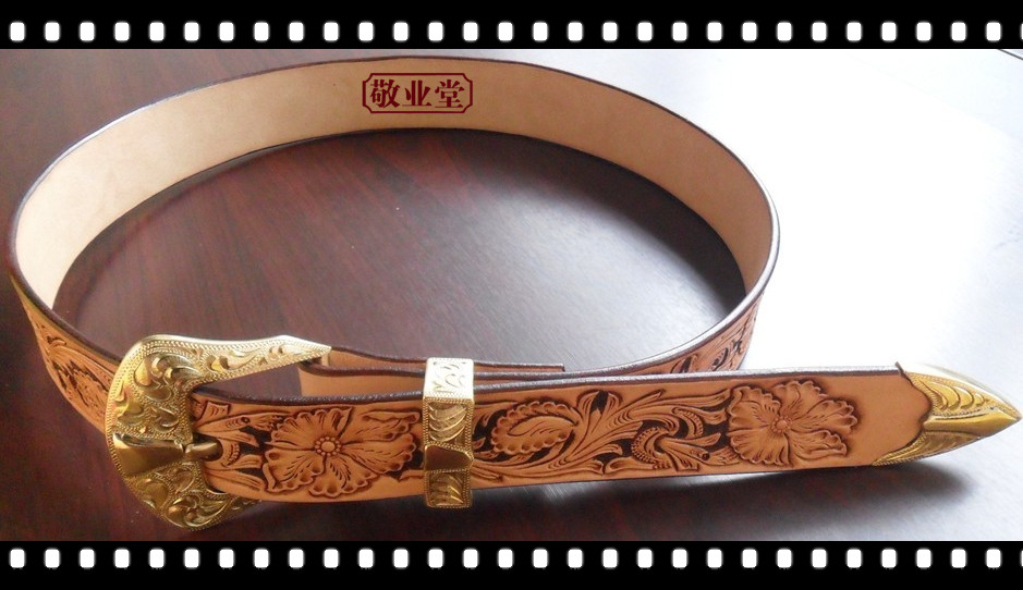 Hand carved belt with brass belt with Italian tanning leather belt
