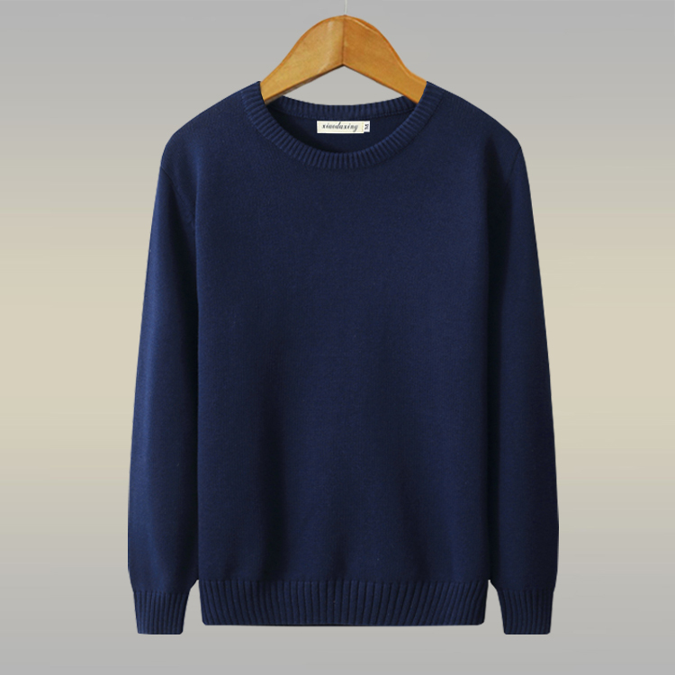 Thick Pure Cotton Pullover Round Neck Long-Sleeved Sweater for Men, Versatile Solid Color V-Neck Base Knit Sweater for Autumn and Winter
