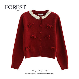 拾野森冬装新款韩版温柔短款蝴蝶结蕾丝花边圆领长袖毛衣开衫外套