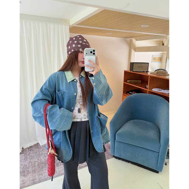 Dazi Gold Patchwork Lapel Denim Jacket for Women 2026 New Autumn Korean Style Plus Size Denim Jacket
