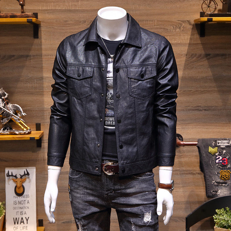 Europe station men's leather locomotive leather jacket 2022 spring new British style retro slim short jacket jacket