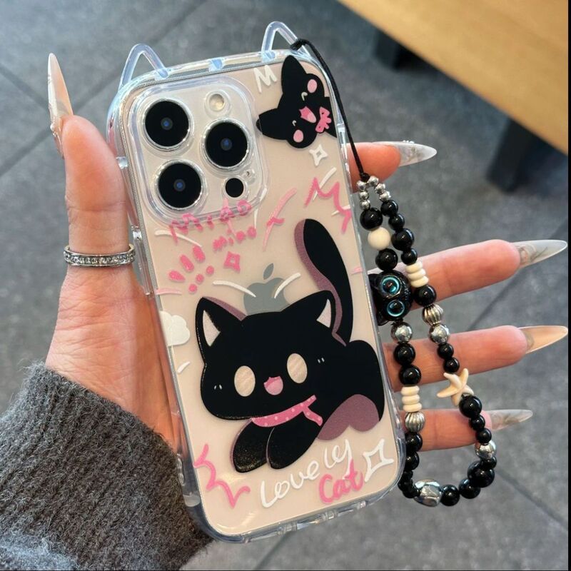 Cute Cat Ears - Suitable for Apple 16 Pro Max Phone Case, iPhone 14 Pro New Model, 13 Cat Ears, 12 Bracelet