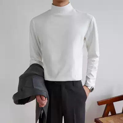 2020 autumn semi-high-neck long-sleeved T-shirt men's youth casual solid color all-match brushed daily bottoming shirt trend
