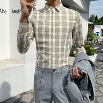 Plaid shirt mens long sleeve Korean version of slim trend casual wild fashion non-iron embroidery Ruffian handsome base shirt men