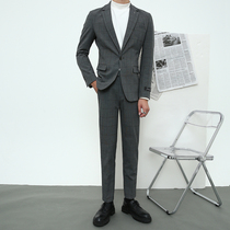 Fall Western-style suit mens workout grid trendy ruffians business positive dress casual handsome young man-in-suit man