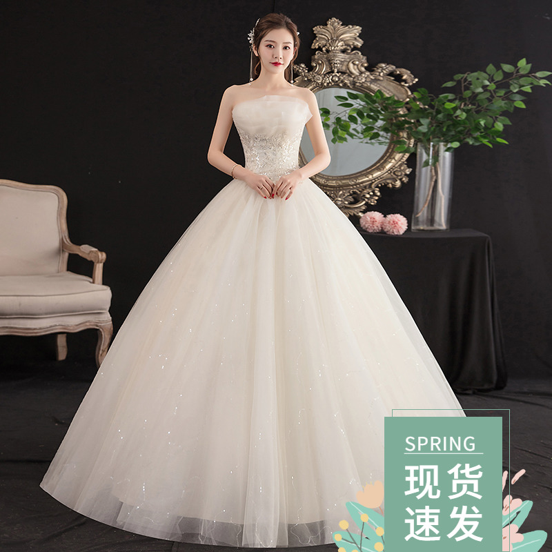 Light main bandeau wedding dress starry sky champagne color 2021 bride new simple Qiqidisen department thin super fairy dream woman