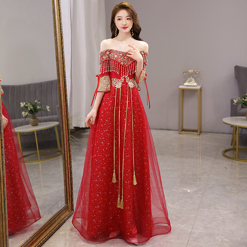 Red Late dress 2022 Bride wedding New Summer French Princess Long dress Banquet engagement normally available to wear