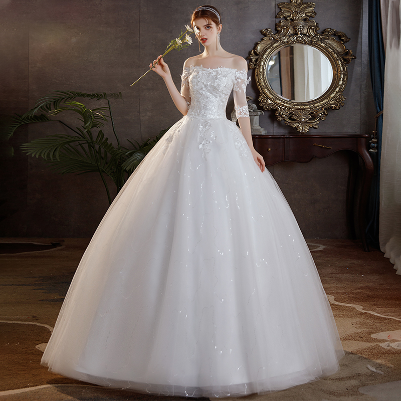 Winter light main wedding gown 2021 Bride new straight shoulder middle sleeve minimalist Ultra Fairy Dreamy Chidgemini