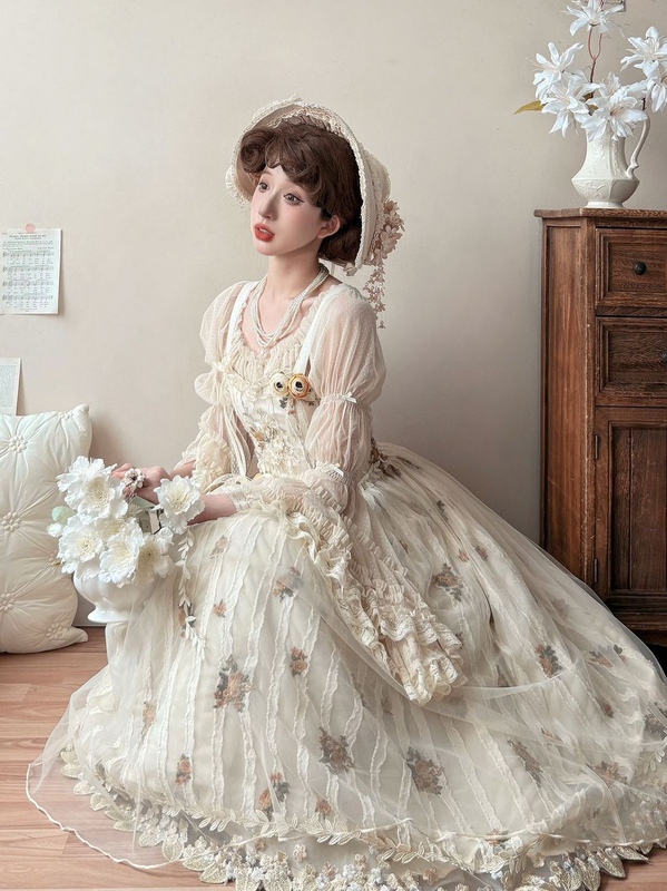 Floral Lolita Chloris Mesh Sleeve Top with Long Lace Sleeves, Available in Three Colors Floral Lolita Chloris Mesh Sleeve Top with Long Lace Sleeves, Available in Three Colors