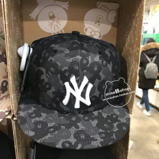 Hàn Quốc mua LINE FRIENDS x MLB Brown Bear Ngụy trang mũ phẳng dọc mũ lưỡi trai hip hop - Bóng chày mua gậy bóng chày sắt