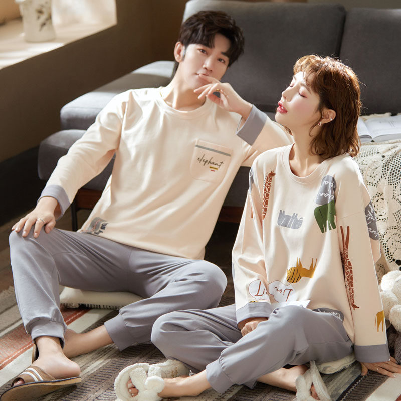 2 Sets Price Lovers Sleepwear Spring Autumn Season 2022 New Long Sleeves Pure Cotton Men And Women Korean Version Cute Home Suit Suit