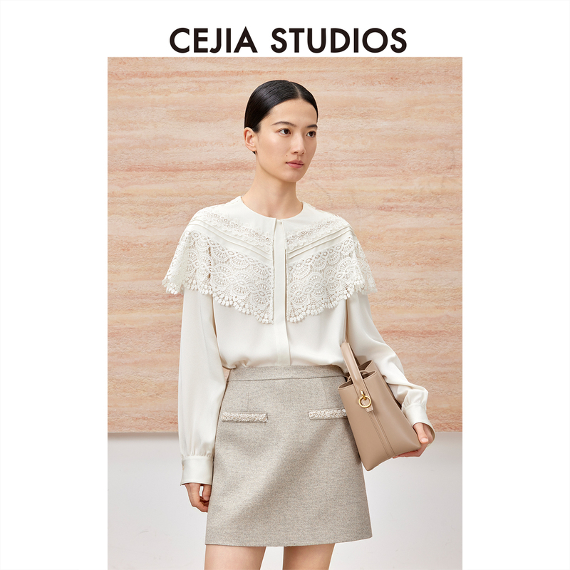 Cejia High-End Heavy Satin Acetate Lace Trim Shawl Collar Long-Sleeve Shirt Blouse 2026 Spring/Summer New Collection