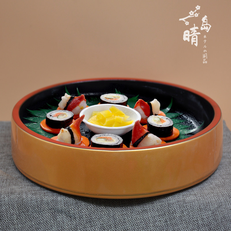 Round dry ice plate golden sushi crown naked plate Japanese round golden melamine tableware salmon plate sashimi plate