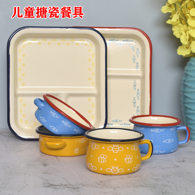 Children's Enamel Tableware Enamel Mouth Cup Bowl and Dish Steak Dining Plate Household Dish Flat Plate Bowl Rice Bowl