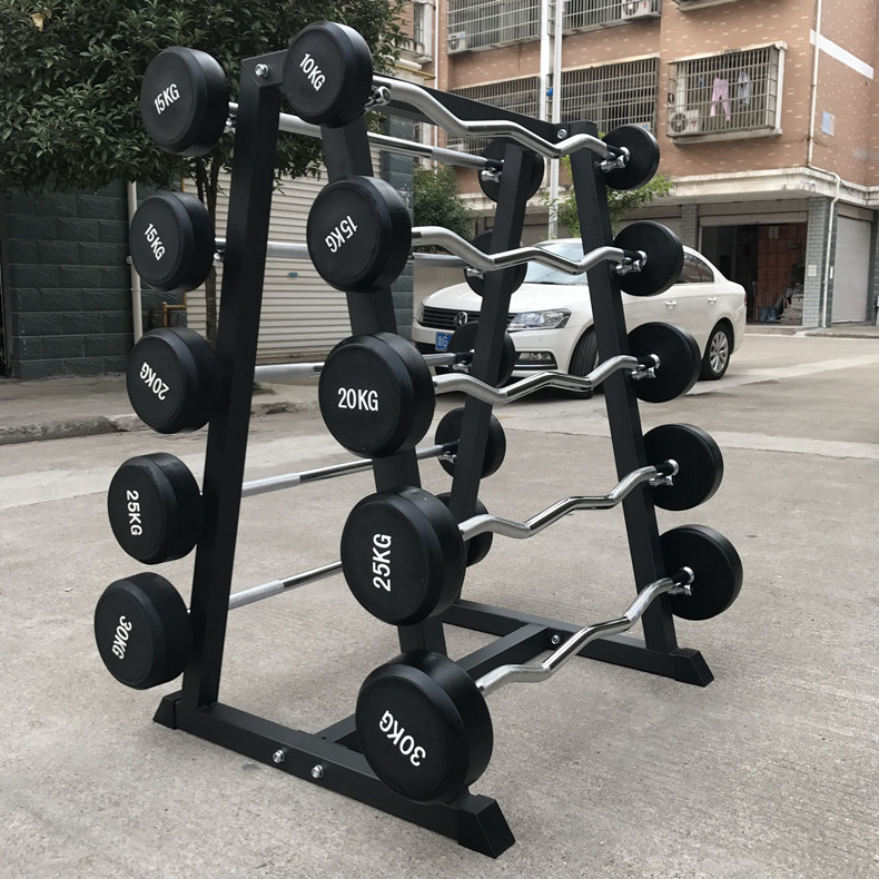 Commercial fixed barbell set Barbell frame Round head does not loose curved bar Barbell Gym one-piece rubber-coated barbell