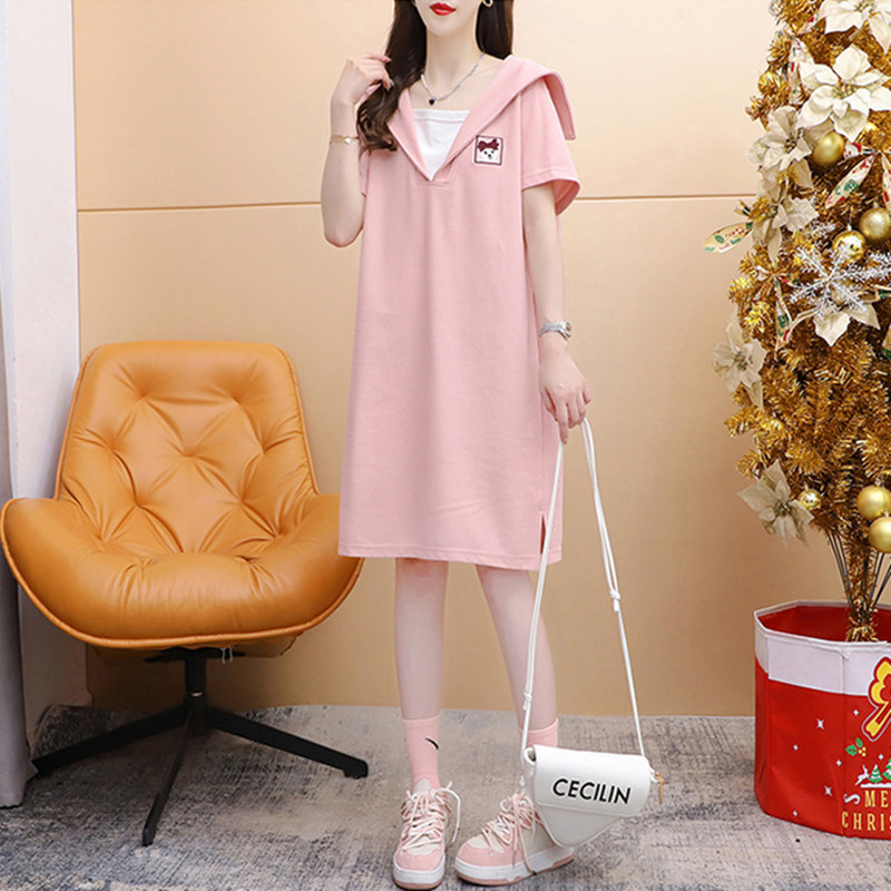 Pure Cotton Navy Collar Short-Sleeved T-Shirt for Women, Summer Mid-Length Stylish Embroidered Slit Loose Plus-Size Dress Trendy