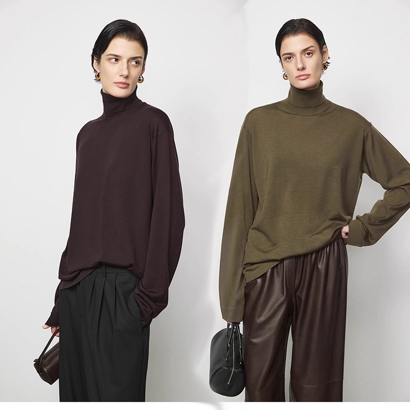 Row Quiet Luxury Style Relaxed Thin Sweater Heavy Fine-Spun Biella Ultra-Fine Pure Wool Turtleneck Knit Base Layer