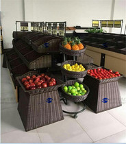 Supermarket fruit shelf vegetable display rack Fruit and vegetable pile head basket mobile 3-layer rattan basket shelf fruit rack