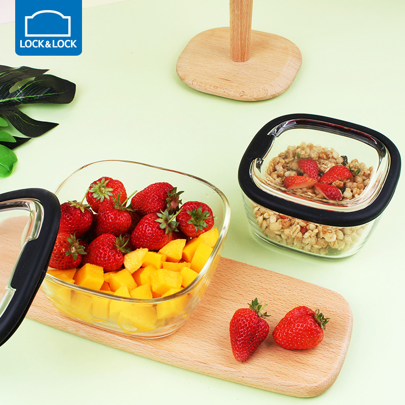 Lock and lock glass crisper box square microwave oven usable lunch box household heat-resistant glass bowl with lid fresh-keeping bowl