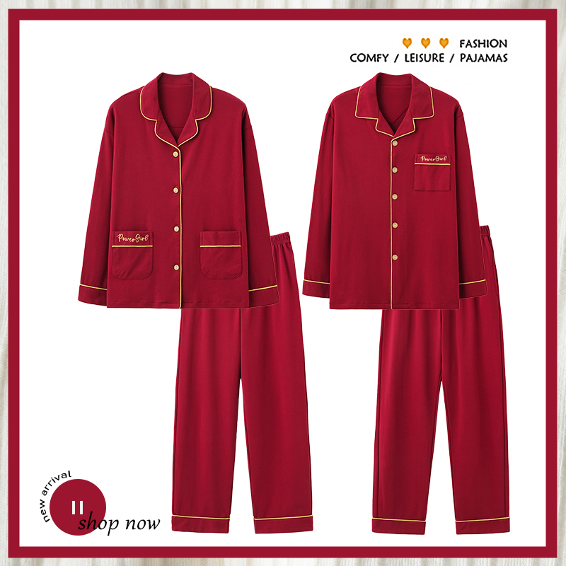 Langsha Couple Pajamas Wedding Red Pure Cotton Long-Sleeved Women's Spring and Autumn Zodiac Year Men's Newlywed Festive Home Wear Set