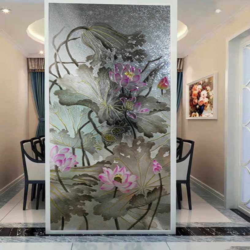 Art glass porch background wall carved frosted custom process double-sided transparent partition screen effect ink load