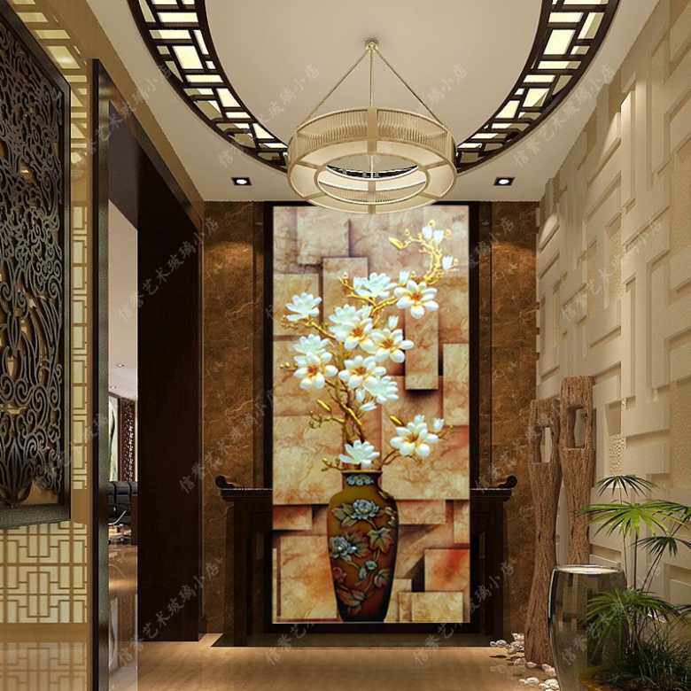 Customized carving art glass TV background wall shoe cabinet double-sided frosted porch crossing partition screen vase