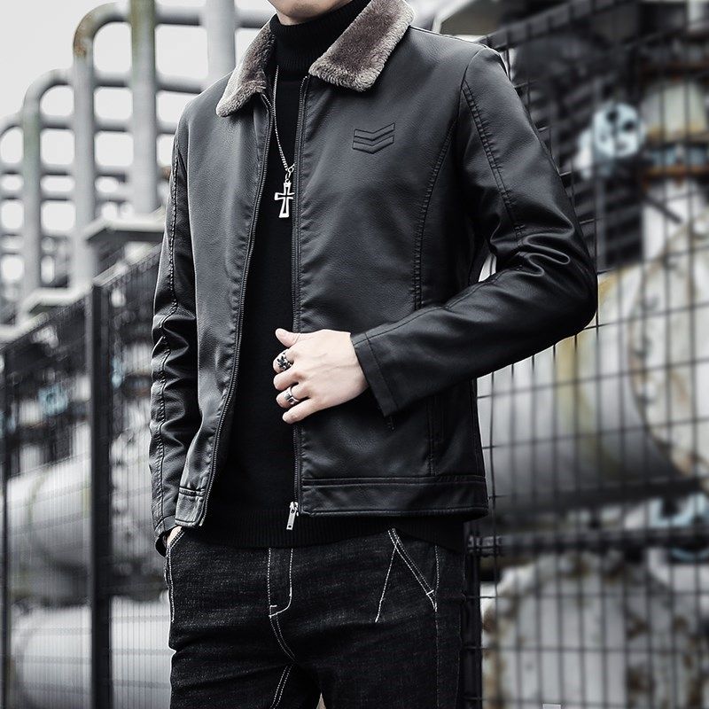 Tide-branded leather clothes men business leisure short jacket young locomotive clothes pilots plus thickening warm coat men