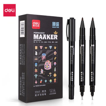 Deli Outline Marker Pen, Art Oil-Based Marker Pen, Children's Drawing Black Double-Ended Thick and Thin Markers