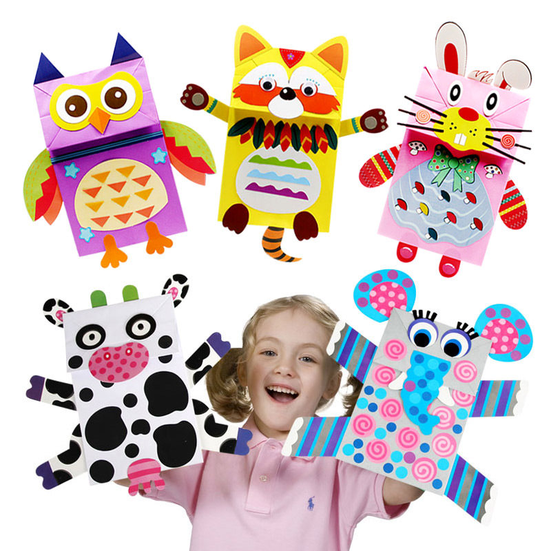 Children's hand paper bag paint puppet paper doll Diy paste cartoon animal creative making materials pack
