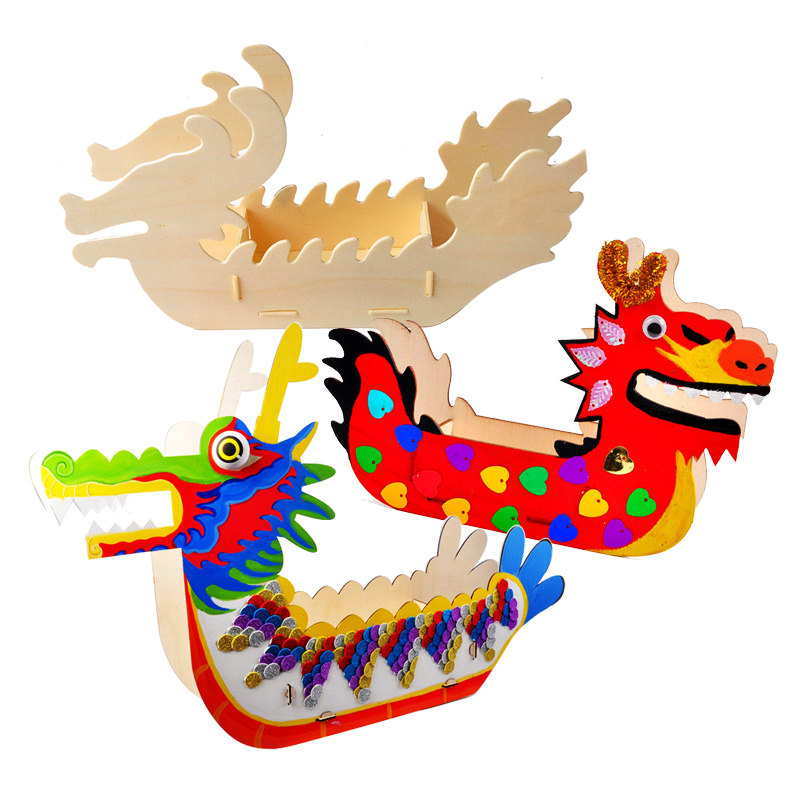 White blank wooden dragon boat Chinese dragon National Day creative diy production painted dragon boat homemade material model