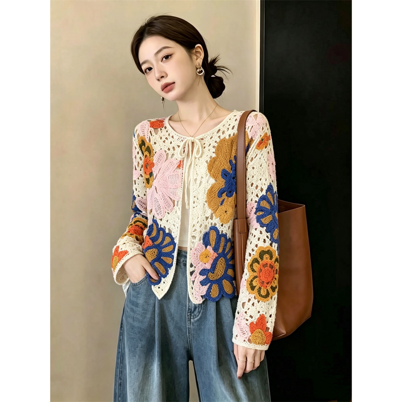 Bohemian Color-Block Floral Crochet Hollow-Out Knit Cardigan for Women, New Autumn Ethnic Style Tie-Neck Pullover