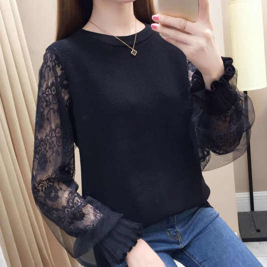Western-style sweaters for women, loose outer wear, 2024 new spring clothes for women, lace sleeves, low-necked bottoming shirts, knitted tops