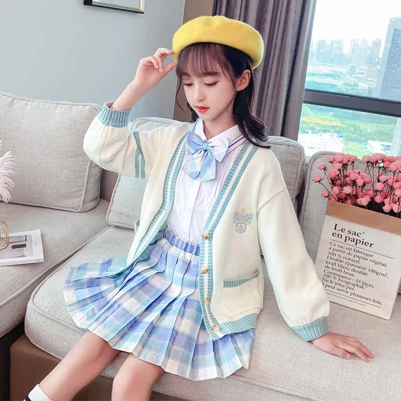 Ohmi children's clothing girls three-piece spring and autumn cardigan sweater dress coat middle-aged children's knitted sweater pleated skirt
