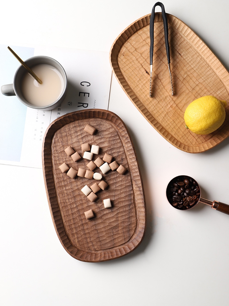 Wooden hand-made Japanese hand-carved Cherry wood small tea tray Solid wood coffee tray Whole wood household meal plate