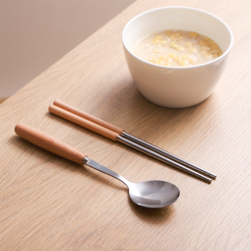 Japanese Beech portable tableware set stainless steel chopsticks spoon one person food lunch for office workers carry chopsticks box