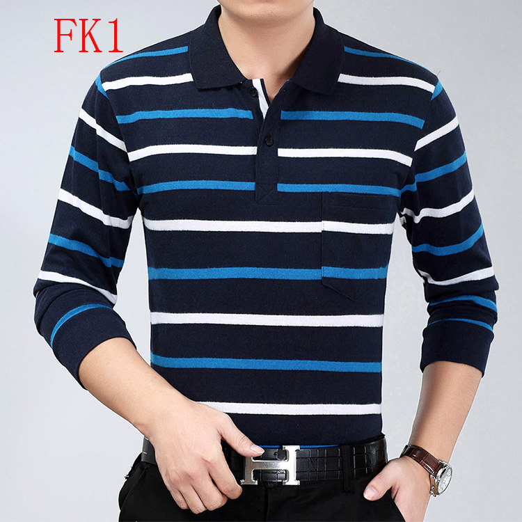 Áo thun nam dài tay cho nam dài tay cotton trung tính sọc áo ve áo mùa thu giản dị áo phông rộng nam