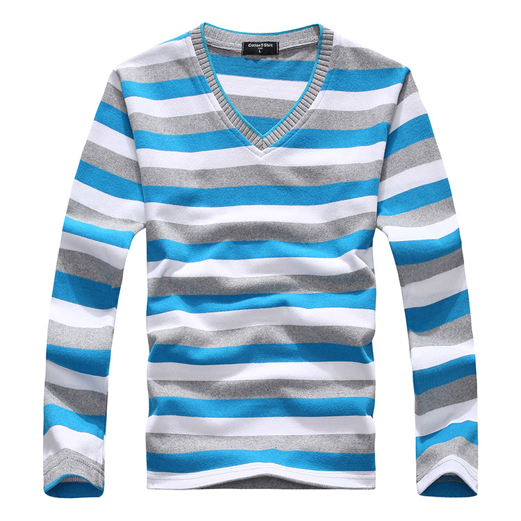 2018 mùa thu mới cotton nam áo thun dài tay Hàn Quốc giản dị hoang dã kích thước lớn nam sọc sọc cổ chữ V áo thun tay lỡ nam
