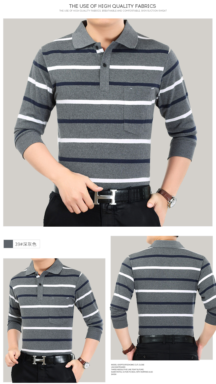 Mùa thu mới nam dài tay áo thun cotton sọc ve áo nam POLO sơ mi giản dị bố trung niên áo thun nam trung niên