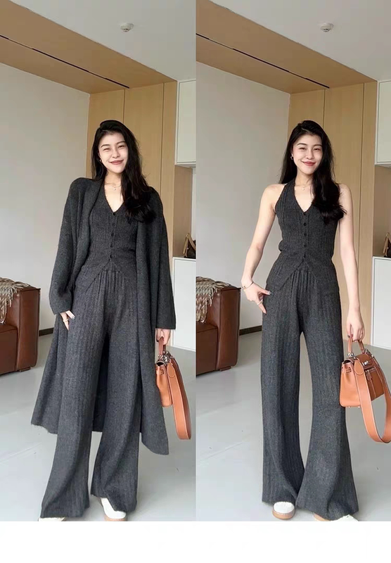 Korean Style Fashion Autumn and Winter Lazy Style Slimming Casual Knit Camisole Backless Vest + Knit Pants + Cardigan Jacket Korean Style Fashion Autumn and Winter Lazy Style Slimming Casual Knit Camisole Backless Vest + Knit Pants + Cardigan Jacket