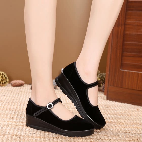 老北京布鞋中跟厚底女单鞋坡跟黑布鞋酒店工作鞋防滑舞蹈鞋礼仪鞋