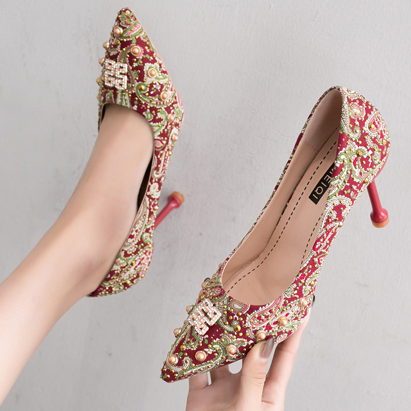 Fan-style teenage girl high heels net red wedding shoes red show and bridal shoes crystal water drill small frescoed rivet high heel shoe fairy